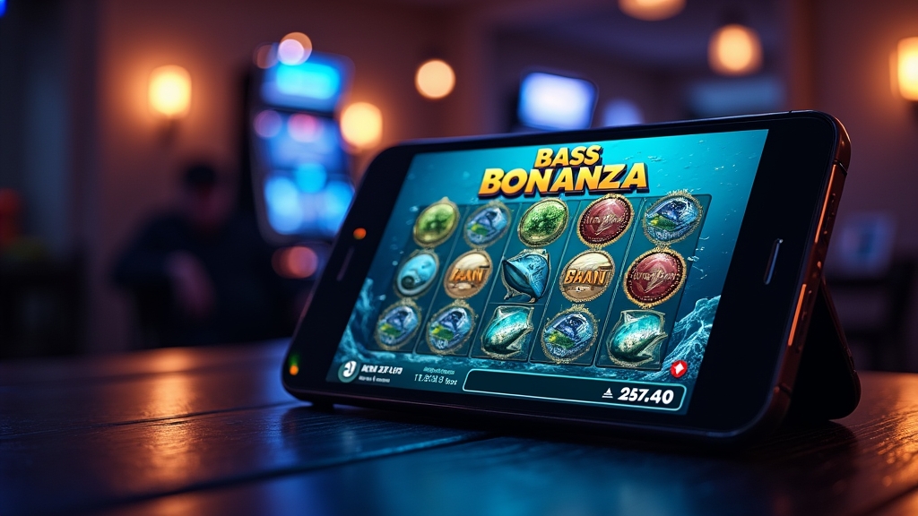 A smartphone displaying Big Bass Bonanza reels in a dark neon casino setting