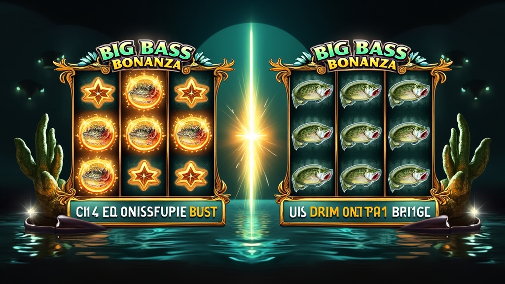 Split scene of bonus buy action and demo preview on Big Bass Bonanza reels