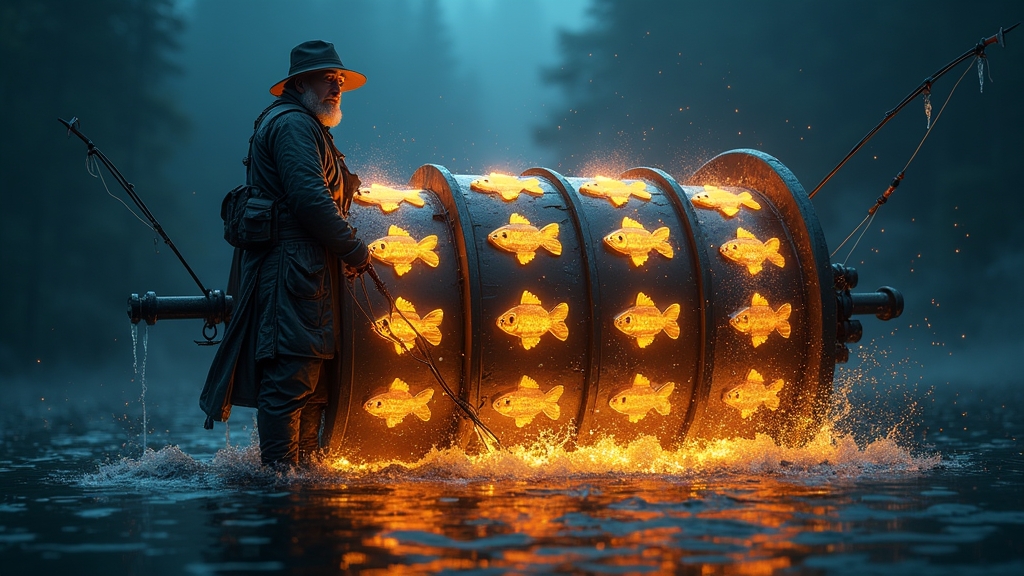 Fisherman bonus collecting glowing fish prizes in a dark casino slot scene